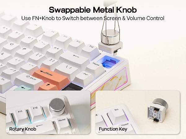 Text reads 'Swappable Metal Knob' and 'Use FN to Switch between Screen &amp; Volume Control'. Shows keyboard components with metallic knob control interface.