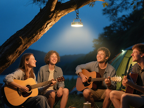 Nighttime camping scene with group playing acoustic guitars around illuminated hanging lamp. Tent visible in background against dark blue sky.