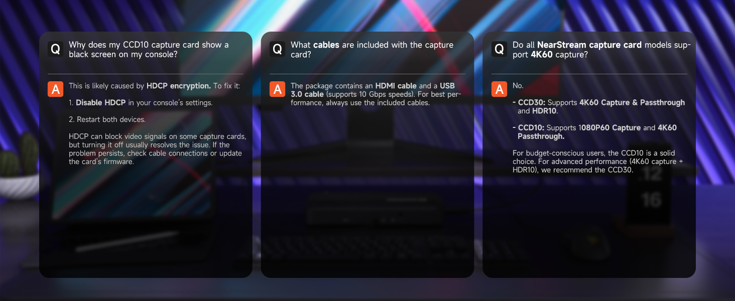 Three dark panels displaying text conversations about AI capabilities, set against a purple and blue gradient background with wavy patterns.