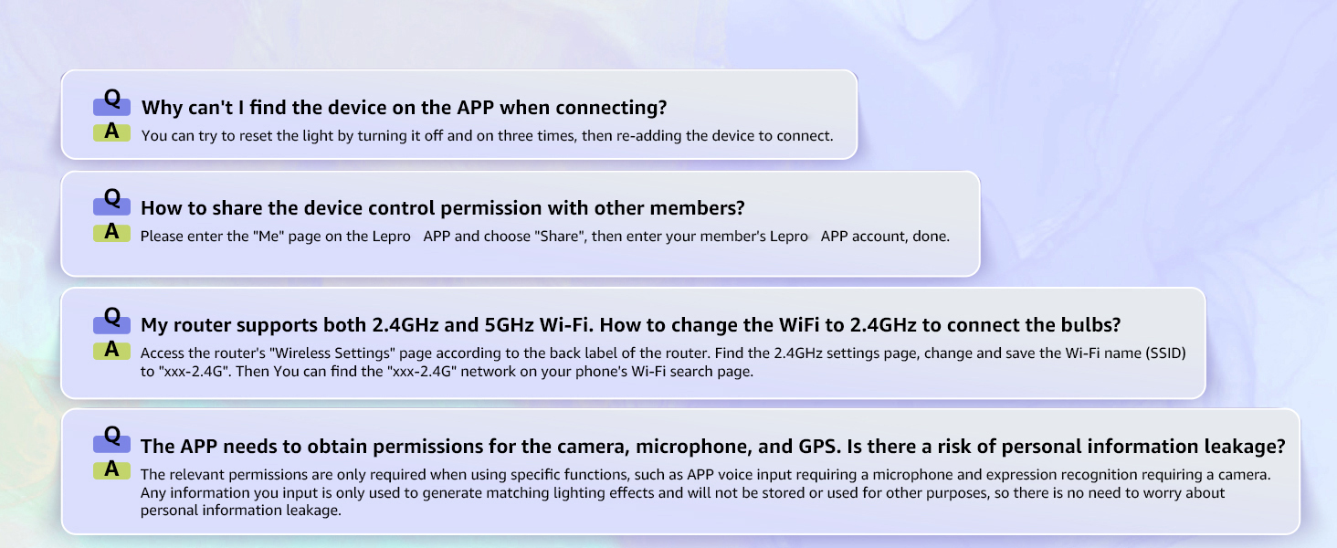 FAQ interface showing four technical support questions about device connectivity, permissions, and WiFi settings with blue question markers.
