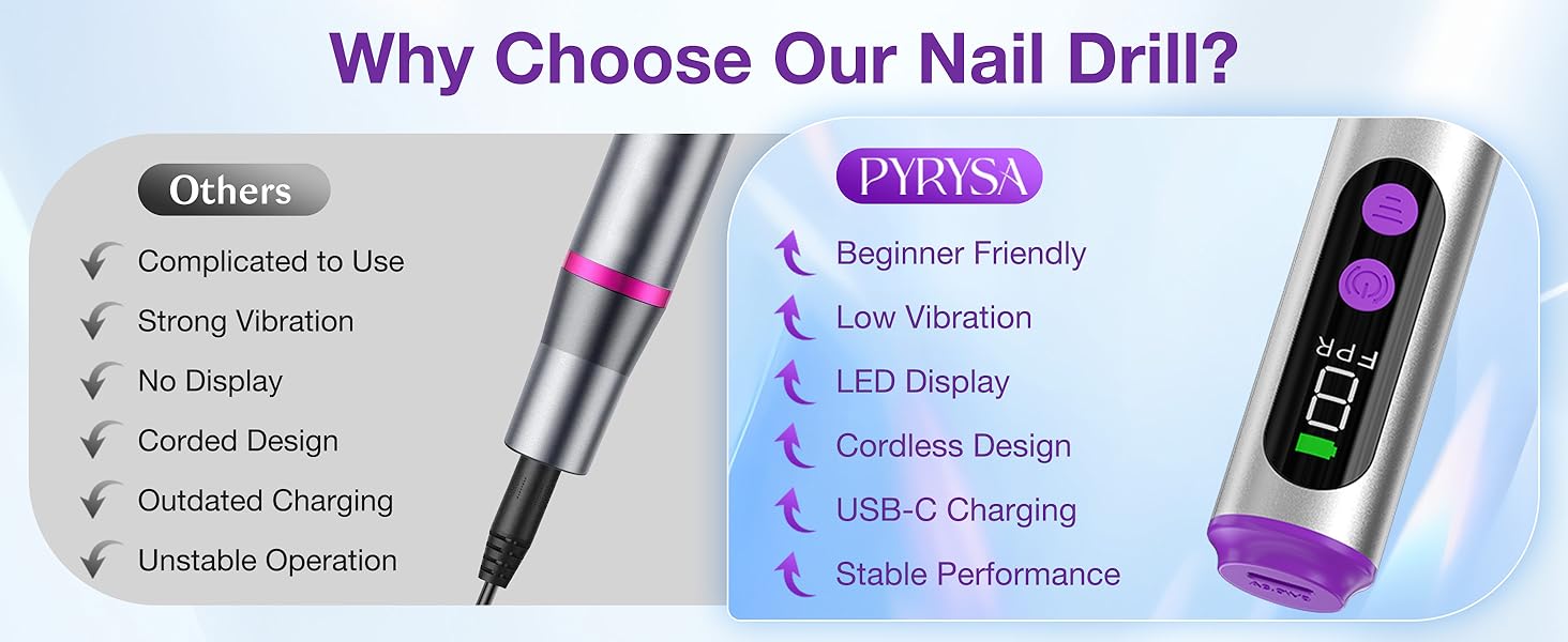 PYRYSA Cordless Nail Drill Better Than Corded Nail Drill with Low Vibration LED Display For Beginner