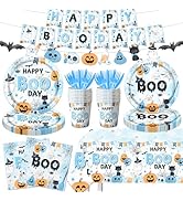 CMUSKO Halloween Happy Boo Day Party Decorations, 142Pcs Blue Halloween Decor Tableware Supplies ...