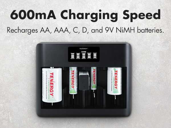 600mA Charging speed recharges AA AAA C D and 9V NiMH batteries