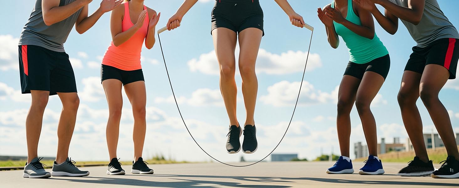 Group of athletes jumping rope outdoors with multifun smooth rotation technology.