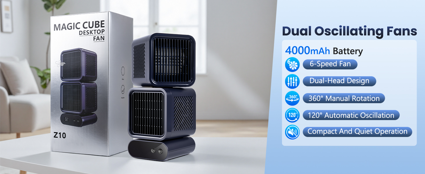 Nauttxon Dual-Head Desk Fan - Rechargeable Desktop Fan for Bedroom Office Home Desk Outdoor