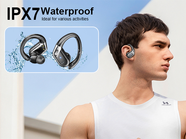Waterproof earbuds with IPX7 rating. Split image shows earbuds with water splashes and person wearing one earbud while exercising.