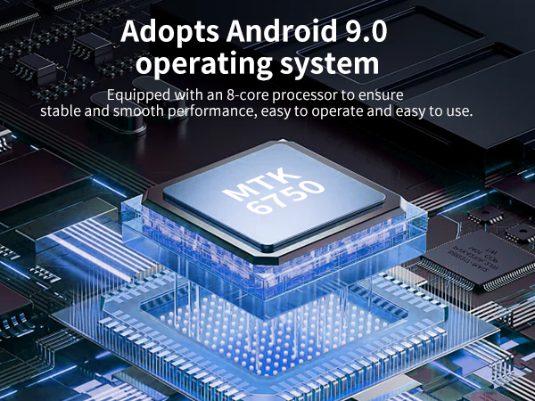 Technical illustration of MTK 8130 processor chip with blue illuminated elements, highlighting Android 9.0 OS compatibility and 8-core processing capabilities.
