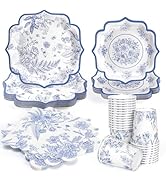 PCLMLES 96pcs Paper Plates Blue Flower 7"&amp;9" Party Plates, Cups and Napkins Disposable Tableware ...