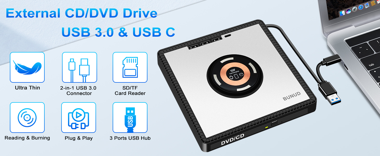 plug play external dvd drive ultra thin reading burning usb 3.0 type c