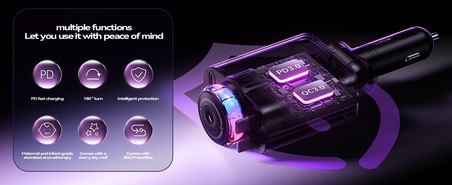 Retractable USB C Car Chargerwith 69W Fast Charging for iPhone 16 Aromatherapy and Starlight