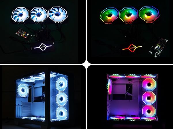 Computer cooling fans with RGB lighting shown in different modes - white/blue illumination and rainbow color effects, displayed in four panel layout.