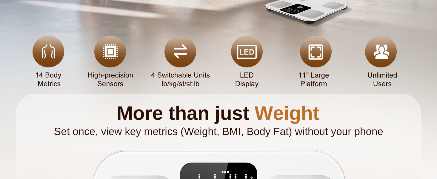 bluetooth weight scale set once view key metrics Weight BMI and Body Fat without phone