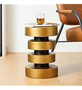 Glitzhome Modern Industrial 12” Dia Round Side Table in Antique Gold Black, Floating Disks Accent...
