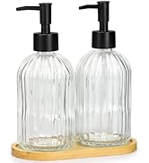 2 Pack Stripe Glass Soap Dispenser with Black Plastic Pump &amp; Bamboo Tray, 400ml Liquid Hand Soap ...