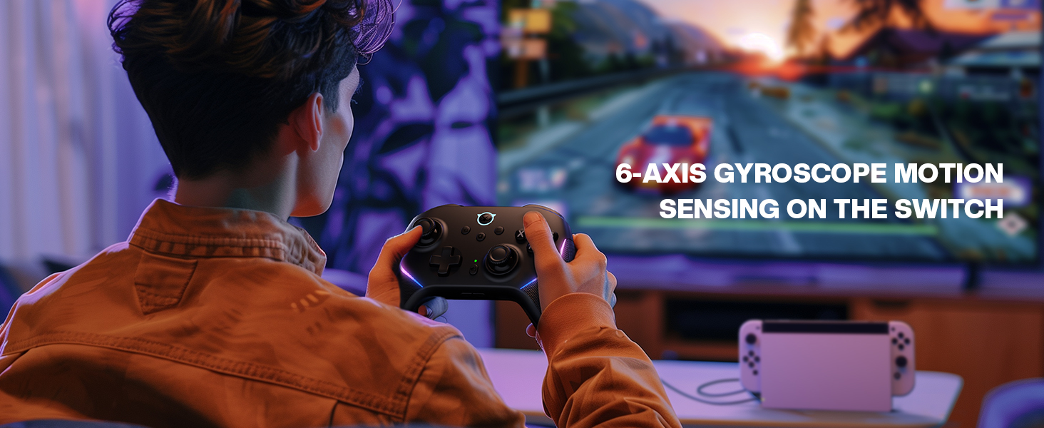 Person holding a black game controller in front of a large screen displaying a racing game. Text overlay mentions '6-axis gyroscope motion sensing on the Switch'.