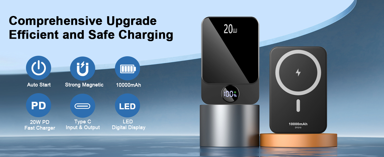 Sleek black charging device with digital display next to silvery cylindrical object. Text overlay describes charging features.