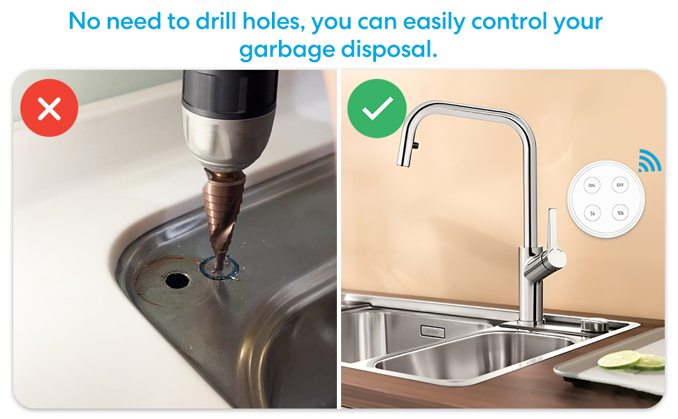 No need to drill, control kitchen waste disposal easily with a wireless remote control.