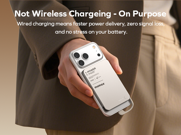 Text reads 'Not Wireless Charging - On Purpose, Wired charging means faster power delivery, zero signal loss'. Series of images showing phone charging case product with emphasis on wired charging capabilities.