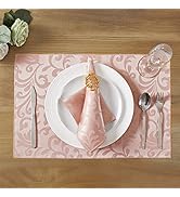 HommxJF 4 Pieces Scroll Damask Jacquard Coral Gold Placemats,13 x 19 inch Protect Surface Heat an...