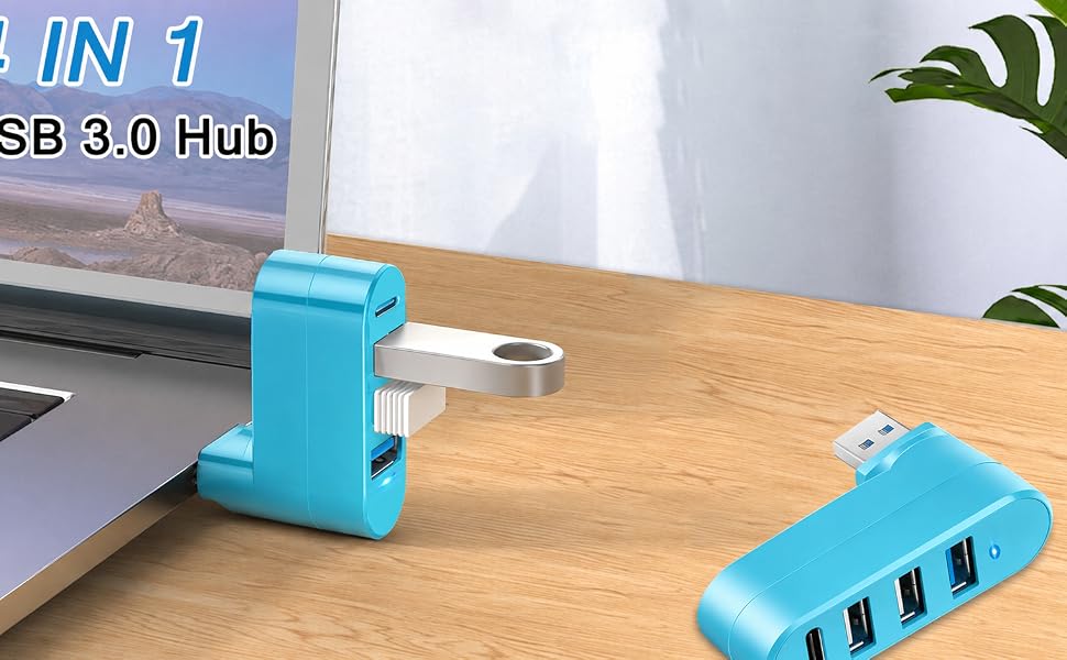 4-Port USB 3.0 Hub [90°/180° Degree Rotatable], USB Splitter USB Extender for Laptop, Car, Blue