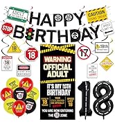 Roetyce 18th Birthday Decorations for Boys Girls, Caution Logos Happy 18th Birthday Banner Backdr...