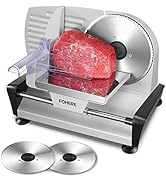 Electric meat slicer with silver metal construction, featuring adjustable thickness control, safety guard, and two circular cutting blades shown separately.