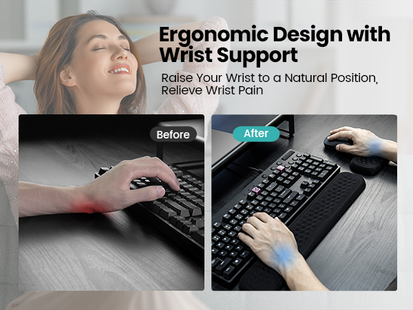 Split image comparing wrist position while typing. 'Before' shows bent wrist, 'After' shows straight wrist using ergonomic keyboard with wrist support.