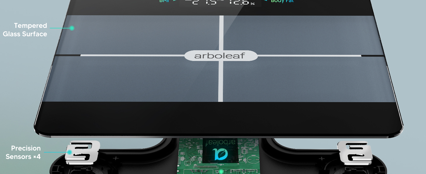 Smart scale with tempered glass, 4 sensors, and advanced internal components