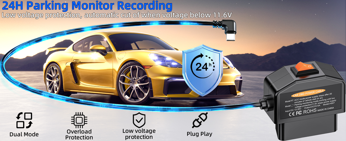 Dash Cam Hardwire Kit USB C, OBD2 to Type-C Adapter Hardwire Kit with 24/7 Parking Mode
