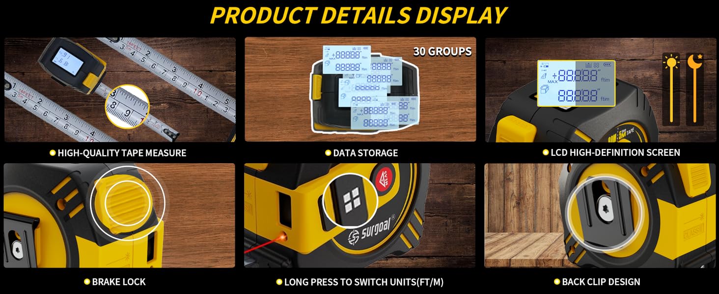Laser measure, LCD screen. Accurate distance, auto calculation, unit switch. Compact, portable, easy