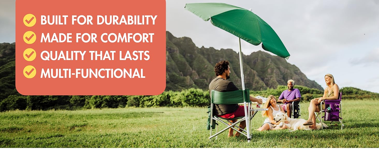 Reclining sports chair with umbrella loop and carry strap for camping hiking and beach trips.
