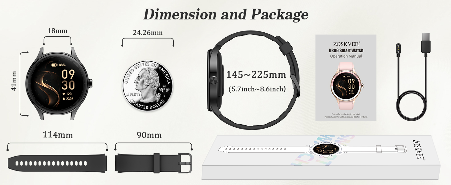 Text reads 'Dimension and Package'. Technical product dimensions diagram showing measurements, USB cable, and component specifications with detailed measurements.