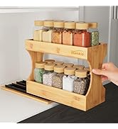 Teamkio Bamboo Spice Rack Organizer for Cabinet, 2-Tier Pull Out Spice Rack, Tool-Free Install Sl...
