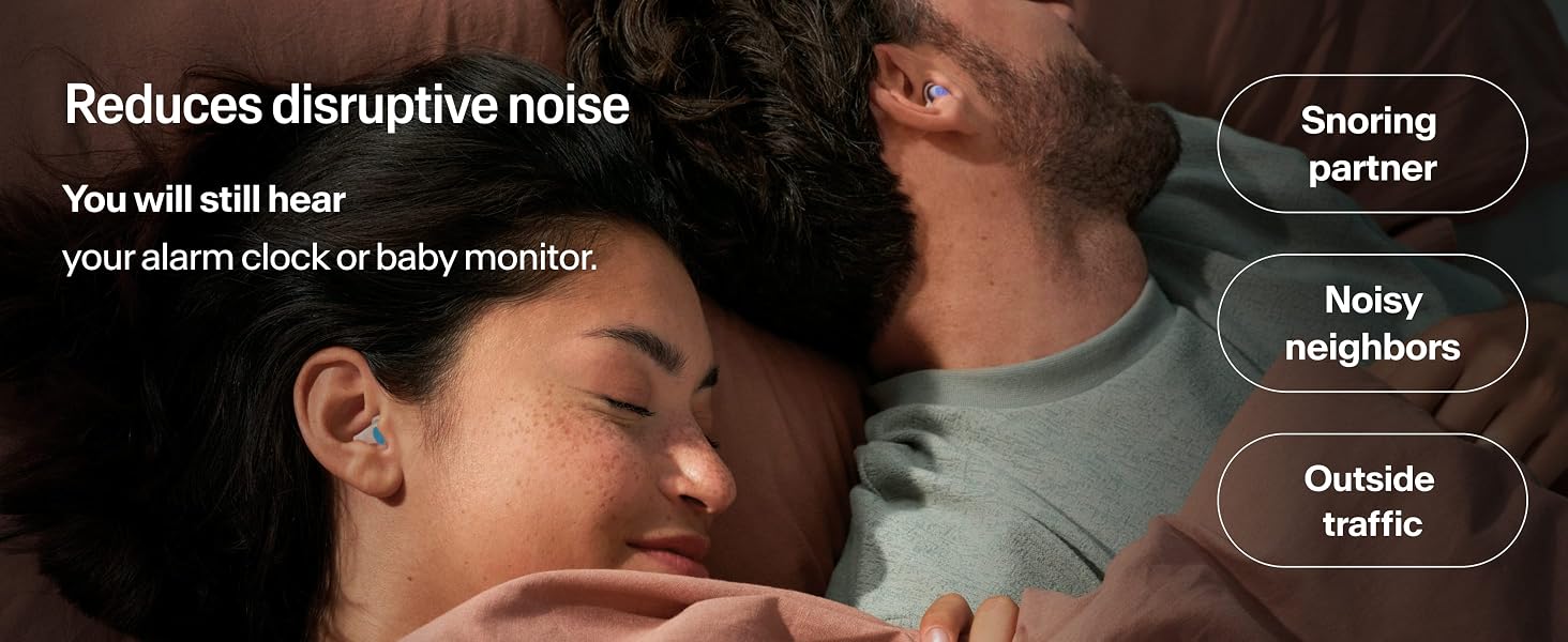 Couple sleeping with SleepDeep earplugs, reducing snoring, noisy neighbors, and outside traffic