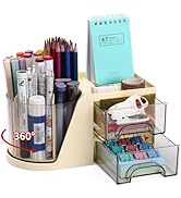 Desk Organizer with 2 Drawer, 360-Degree Rotating Pen Pencil Holder for Desk, Desk Organizers and...