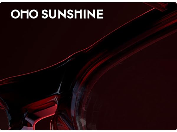 Text reads 'OHO SUNSHINE'. Series of images showing black electronic device with red LED or lighting accents, appears to be gaming-related hardware.