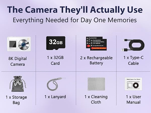 Digital camera starter kit with 32GB card, 2 batteries, lanyard, pouch, and type-C cable