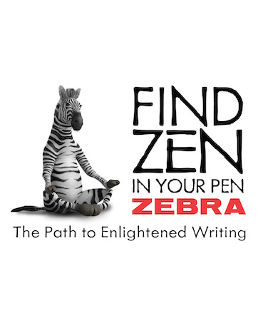 Zebra Pen logo, Find Zen In Your Pen tagline, Zebra animal, white background, red font