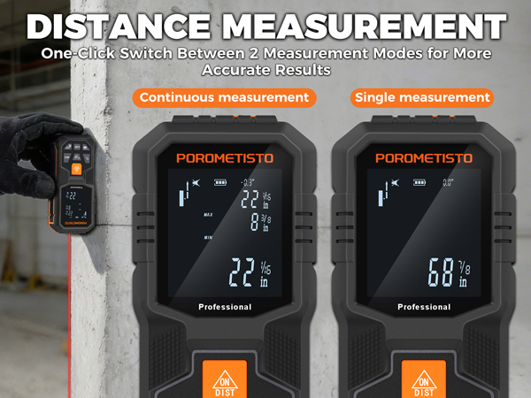 Text reads 'DISTANCE MEASUREMENT'. Digital display screen showing measurements of 22.2 and 6.8 on two Porsche TD TD Professional measuring devices with orange accents.