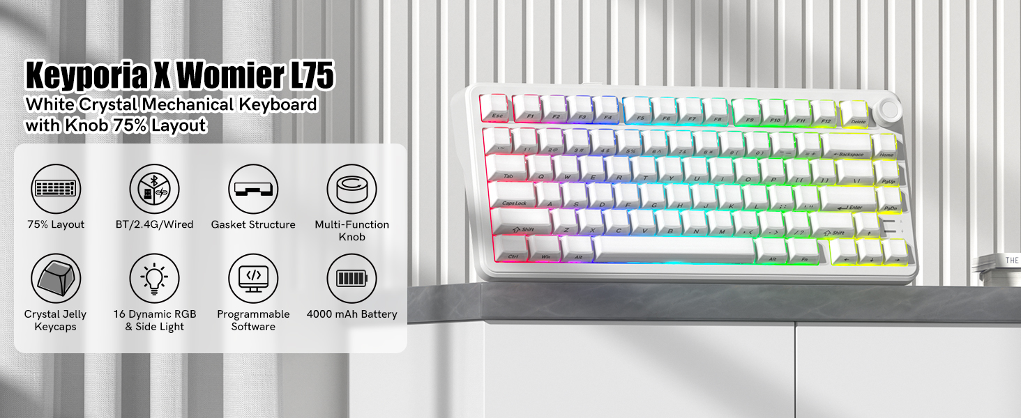a 75% layout white crystal mechanical keyboard
