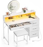 Seventable Vanity Desk with 4 Drawers, Vanity Table and Chair Set with Power Outlet &amp; LED Strip, ...