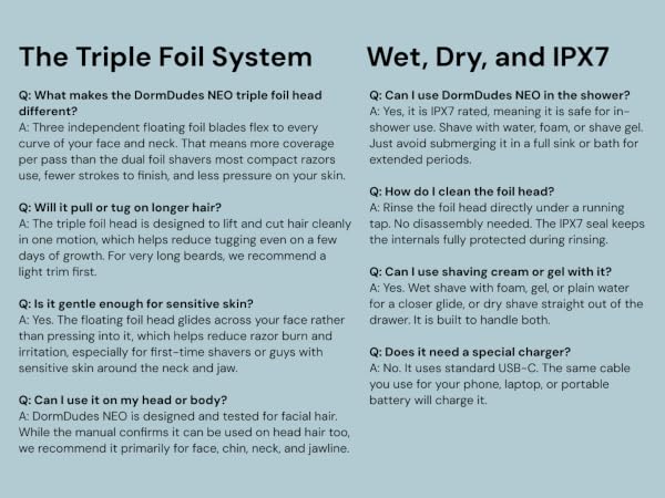 A question-and-answer board answering about triple-foil, wet and dry shaving, and IPX7