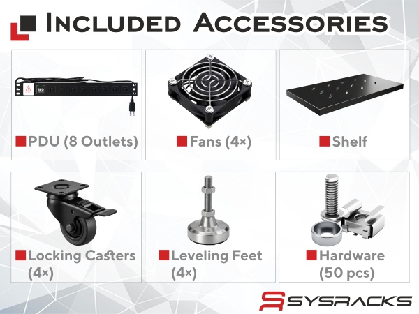 Server rack accessories displayed on white background including rackmount PDU cooling fans