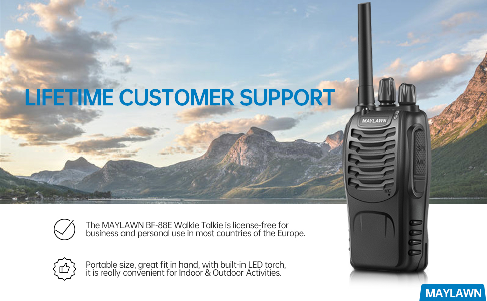 Handheld two-way radio against mountain landscape. Text highlights 'LIFETIME CUSTOMER SUPPORT' and mentions portable size with LED torch.