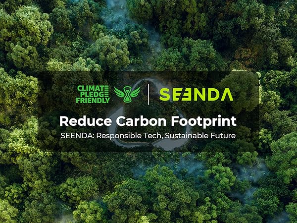 Text reads: 'SEENDA', 'Reduce Carbon Footprint', 'SEENDA Degenerate Tech, Sustainable Future'. Aerial view of lush green forest canopy with overlaid text.
