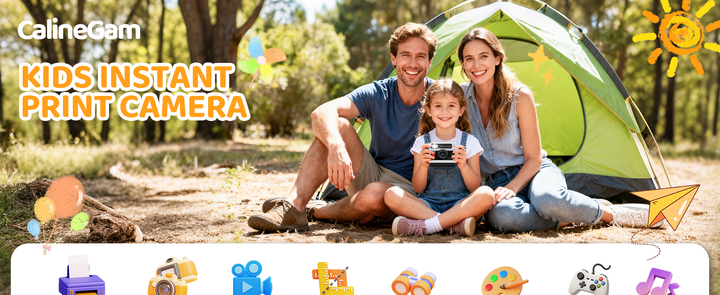 Text reads 'KIDS INSTANT PRINT CAMERA' with similar outdoor camping scene and feature icons at bottom.