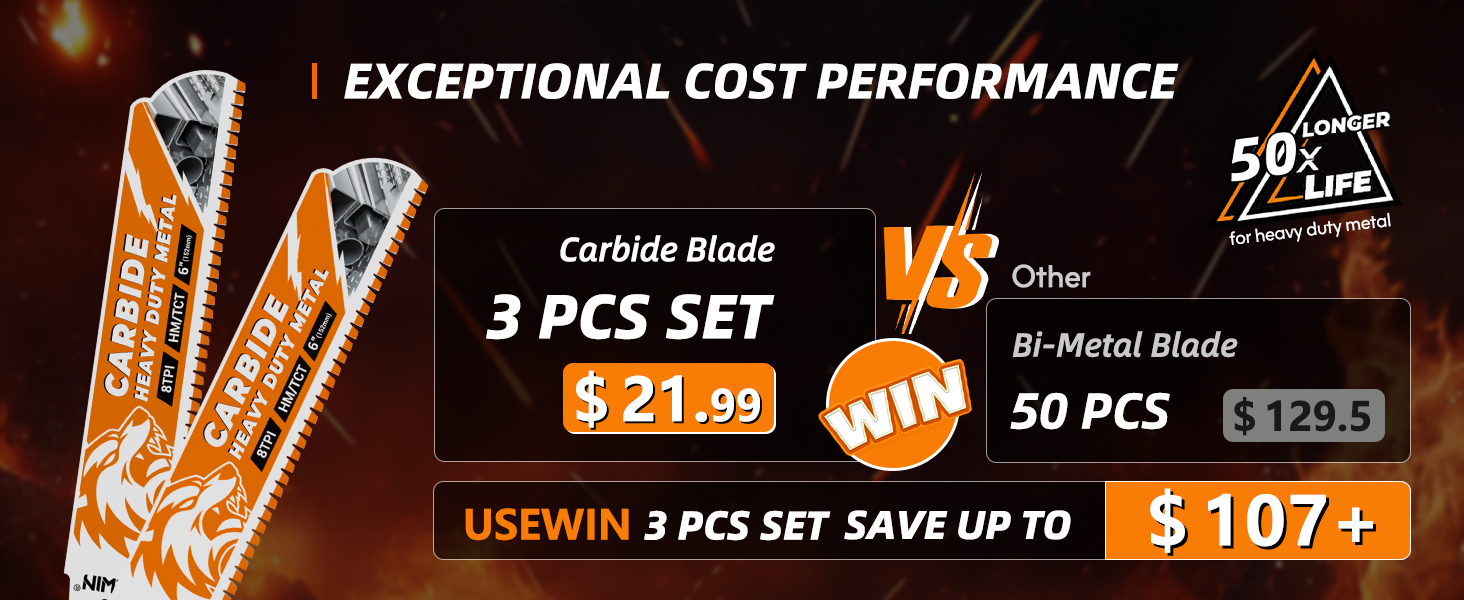 USEWIN 3 Pack Carbide Reciprocating Saw Blades, 6 Inch 8 TPI Metal Blades