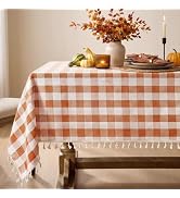 Softalker Fall Checkered Tablecloth Rectangle, Heavy Weight Linen Cotton Gingham Thanksgiving Ora...