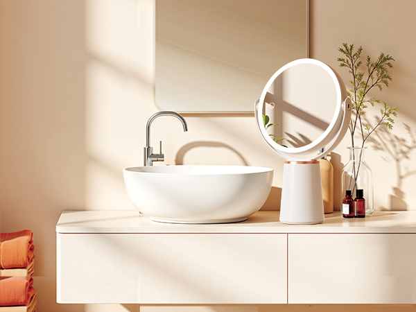 Double sided led makeup mirror placed on bathroom vanity counter, ideal for bathroom skincare