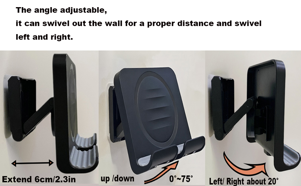 The angle adjustable, it can swivel out the wall for a proper distance and swivel left and right.